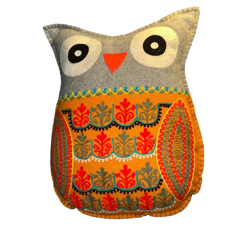 Owl Imax Worldwide Imports Embroidered Wool  Decorative Throw Pillow Orange Grey
